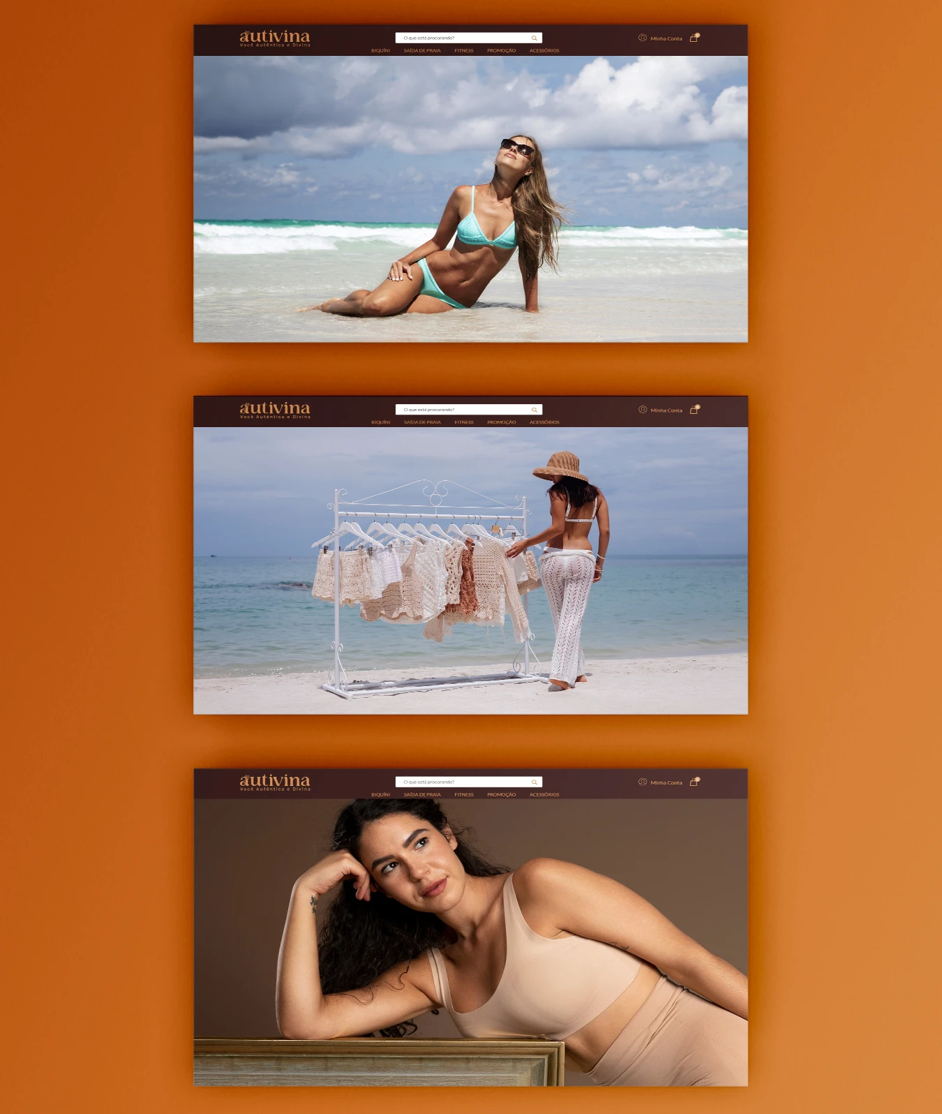 Três banners do site da Autivina exibindo modelos com roupas de praia, moda fitness e moda casual.