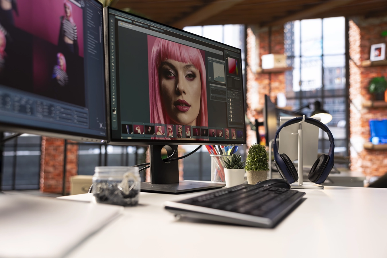 Monitores da Luzativo com retrato de modelo de cabelo rosa sendo editado em software de design; teclado, fones e mesa de trabalho — projeto Autivina.