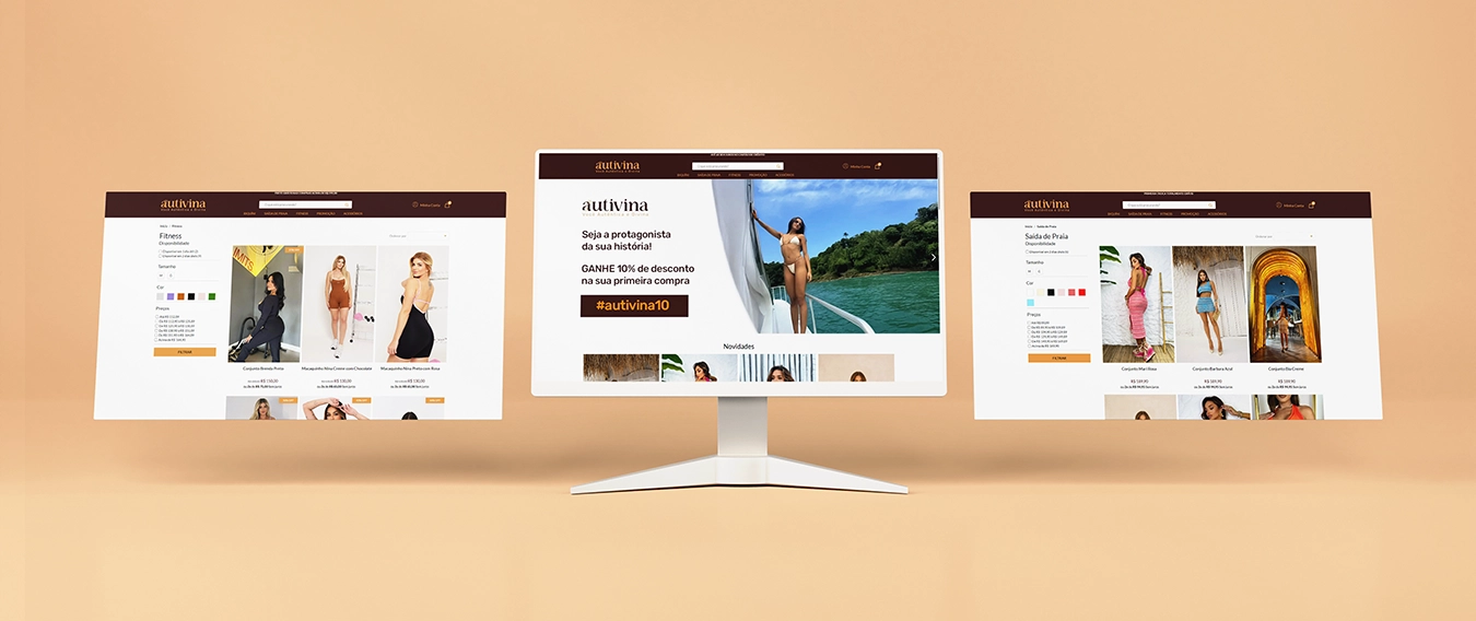 Mockup do site Autivina exibindo páginas de moda praia, fitness e novidades em um monitor moderno.